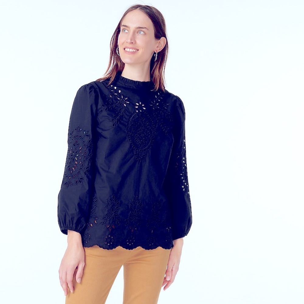 J Crew Reimagined Black Eyelet Blouse Size M